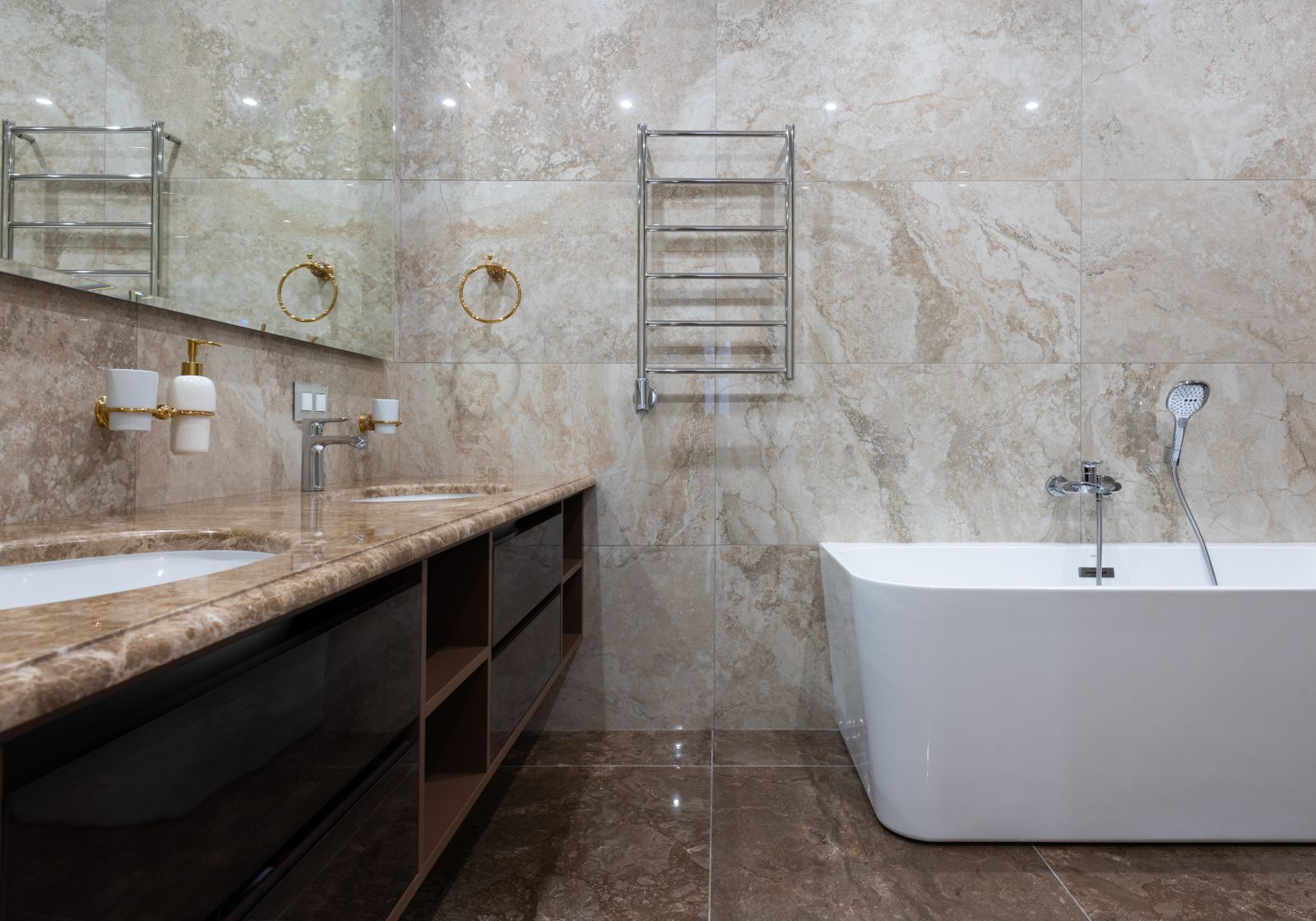 Shared wet zone, single membrane. A Meridian Bath & Tile bathroom in Denver.